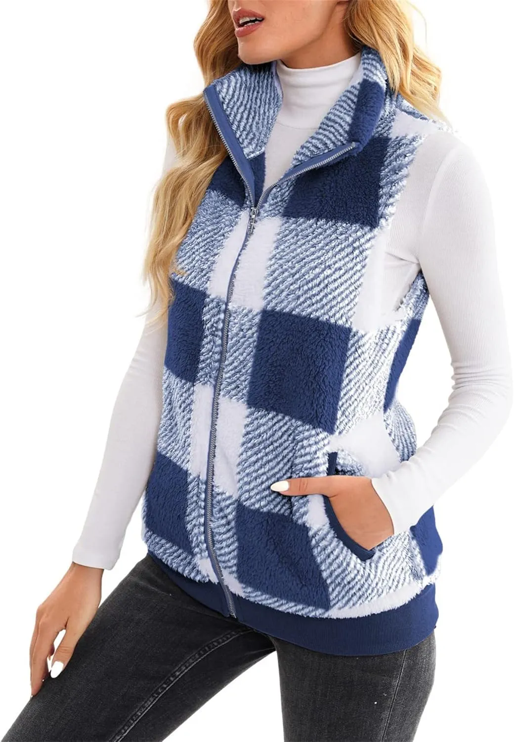 Womens Sleeveless Sherpa Vest Casual Open Front Fleece Cardigan Sweaters Plaid Fuzzy Jackets 2023 Fall Coat Pockets