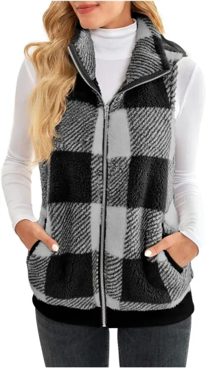 Womens Sleeveless Sherpa Vest Casual Open Front Fleece Cardigan Sweaters Plaid Fuzzy Jackets 2023 Fall Coat Pockets