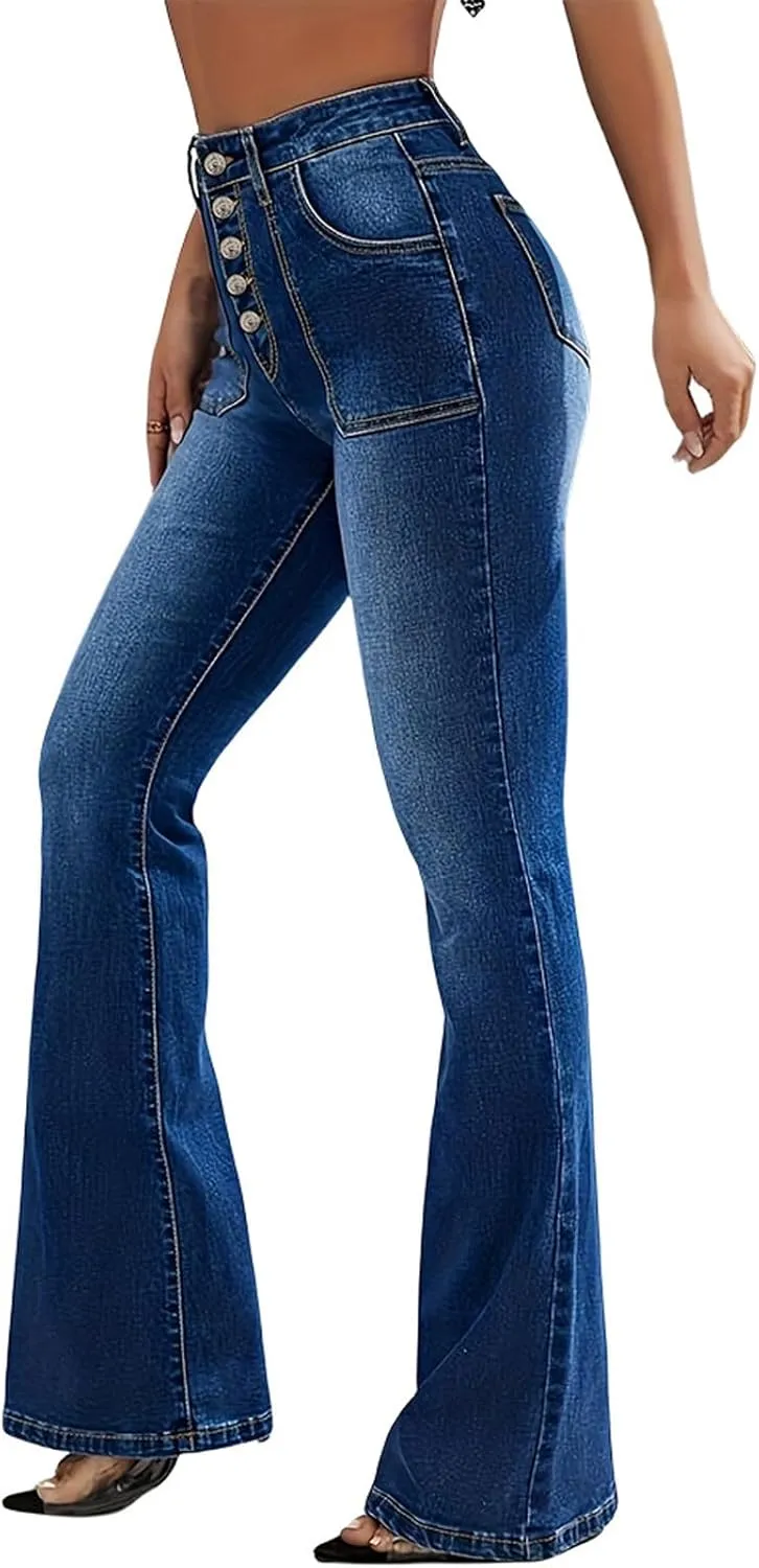 Women's Slim Fit Flare Jeans Fashion High Waisted Elastic Stretch Denim Pants Fall Outdoor Trendy Button Down Jeans