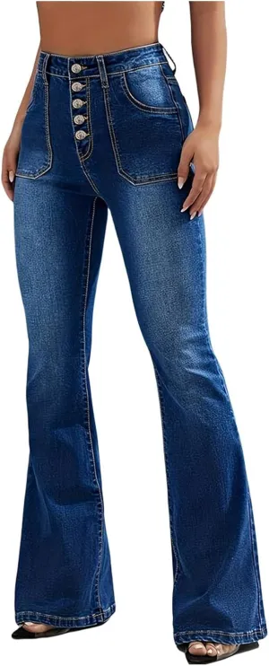 Women's Slim Fit Flare Jeans Fashion High Waisted Elastic Stretch Denim Pants Fall Outdoor Trendy Button Down Jeans