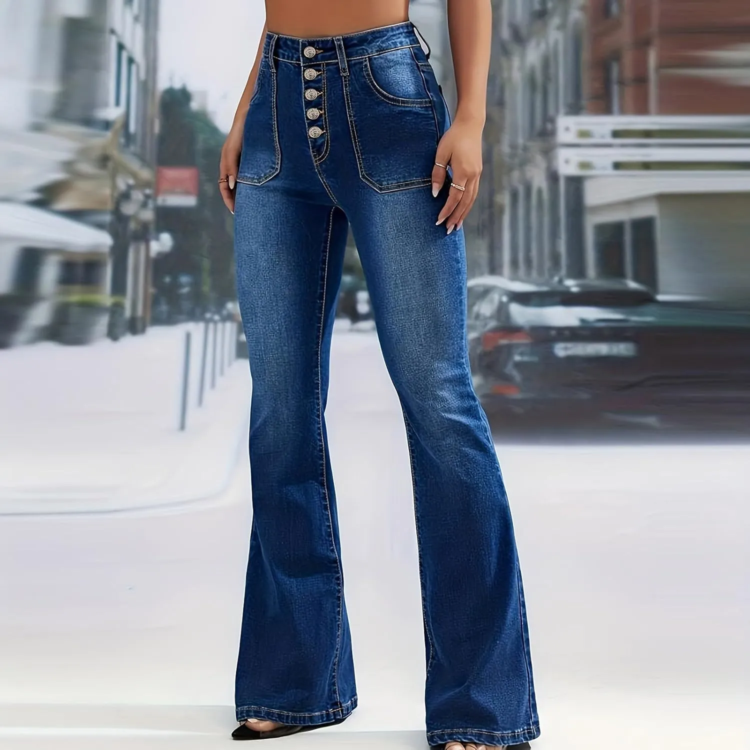 Women's Slim Fit Flare Jeans Fashion High Waisted Elastic Stretch Denim Pants Fall Outdoor Trendy Button Down Jeans
