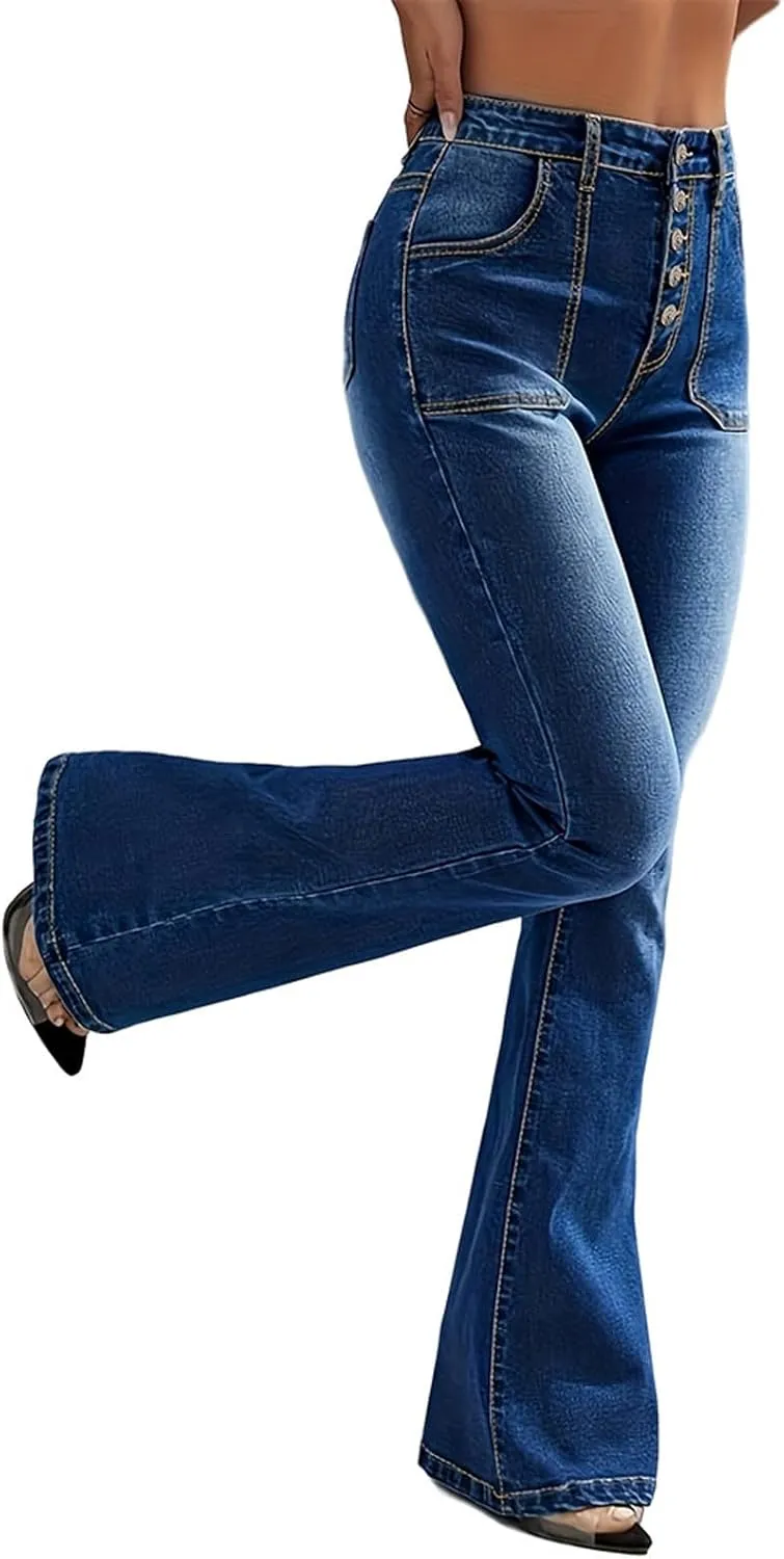 Women's Slim Fit Flare Jeans Fashion High Waisted Elastic Stretch Denim Pants Fall Outdoor Trendy Button Down Jeans