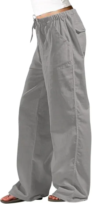 Women's Solid Color Loose Comfort and Drawstring Elastic Waist Pocket Straight Leg Trousers Casual Pants