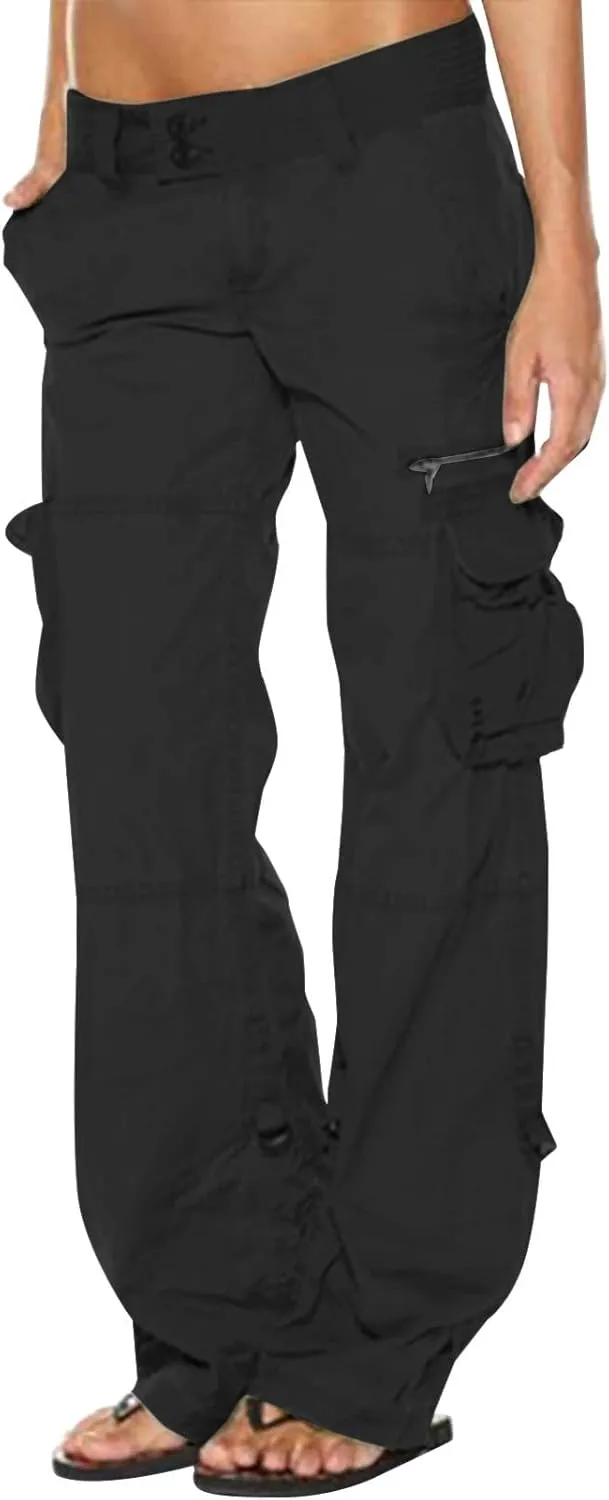 Womens Straight Leg Trousers Elastic Waist Loose Pants with Side Pocket Casual Sports Outdoor Fashion Wide Long Pants