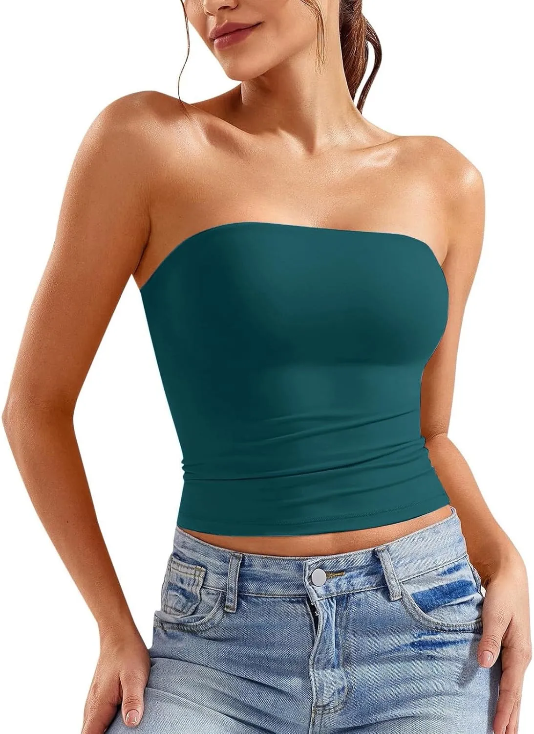 Womens Strapless Tube Tops Sexy Sleeveless Backless Bandeau Shirts Going Out Crop Top Cute 2025 Summer Clothes