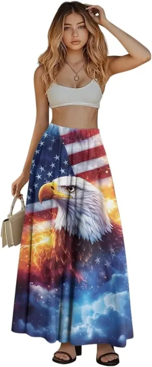 Women's Styleish Flare Long Maxi Skirt Pleated Elastic High Waist A-Line Boho Skirts Flowy Swing Midi Long Skirt with Pockets