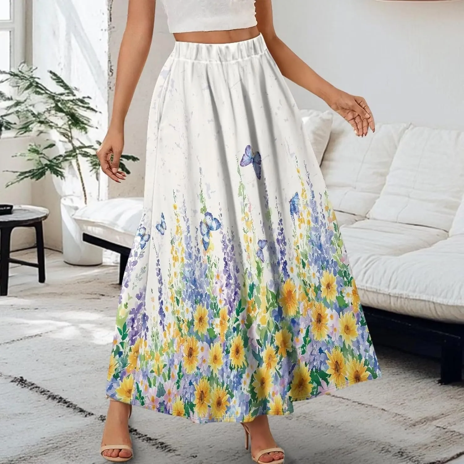 Women's Styleish Flare Long Maxi Skirt Pleated Elastic High Waist A-Line Boho Skirts Flowy Swing Midi Long Skirt with Pockets