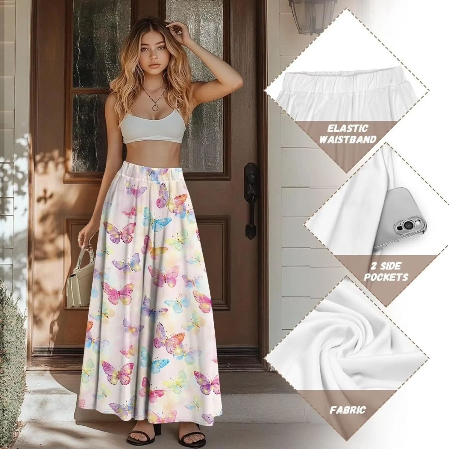 Women's Styleish Flare Long Maxi Skirt Pleated Elastic High Waist A-Line Boho Skirts Flowy Swing Midi Long Skirt with Pockets