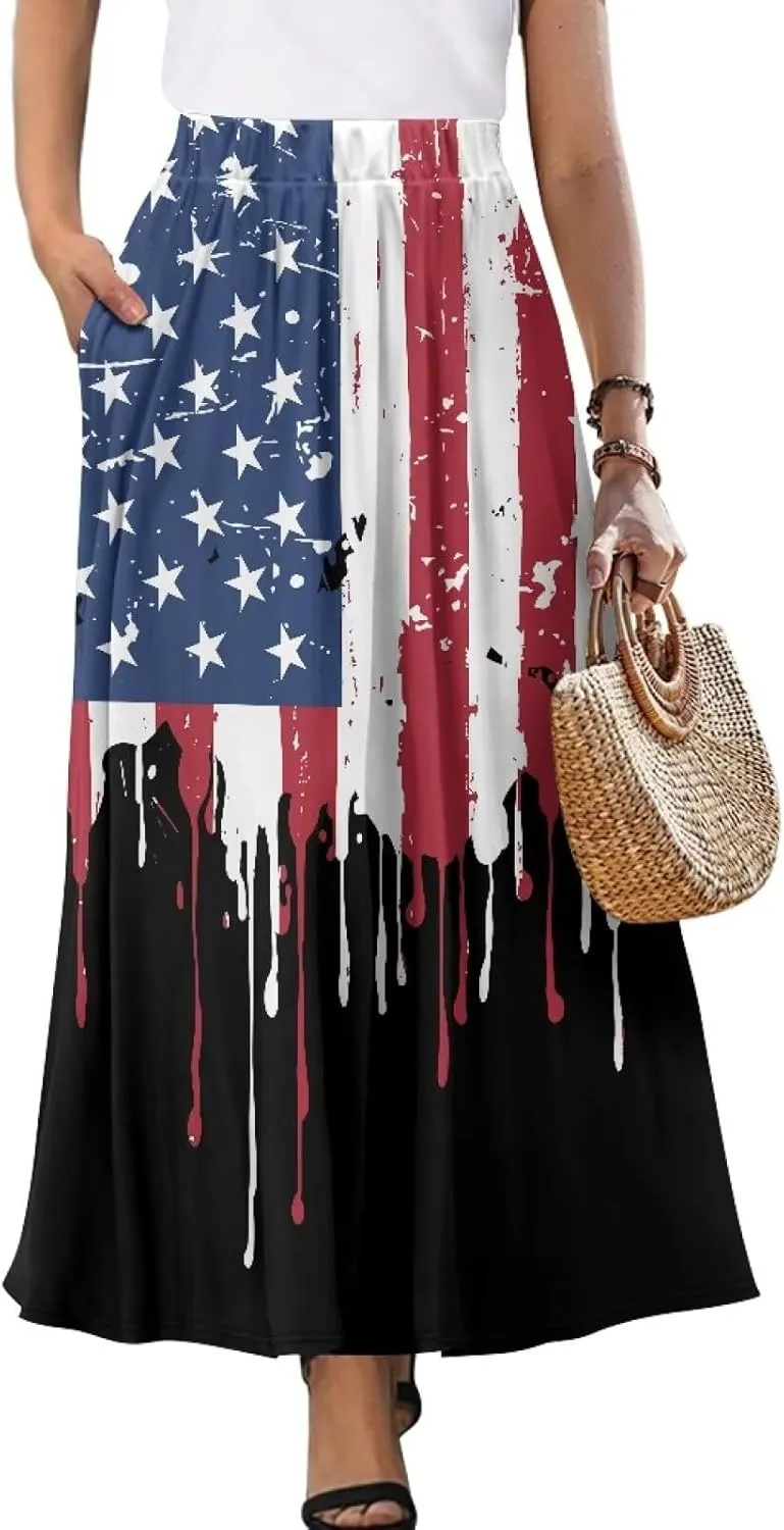 Women's Styleish Flare Long Maxi Skirt Pleated Elastic High Waist A-Line Boho Skirts Flowy Swing Midi Long Skirt with Pockets