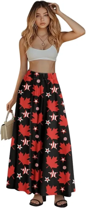 Women's Styleish Flare Long Maxi Skirt Pleated Elastic High Waist A-Line Boho Skirts Flowy Swing Midi Long Skirt with Pockets