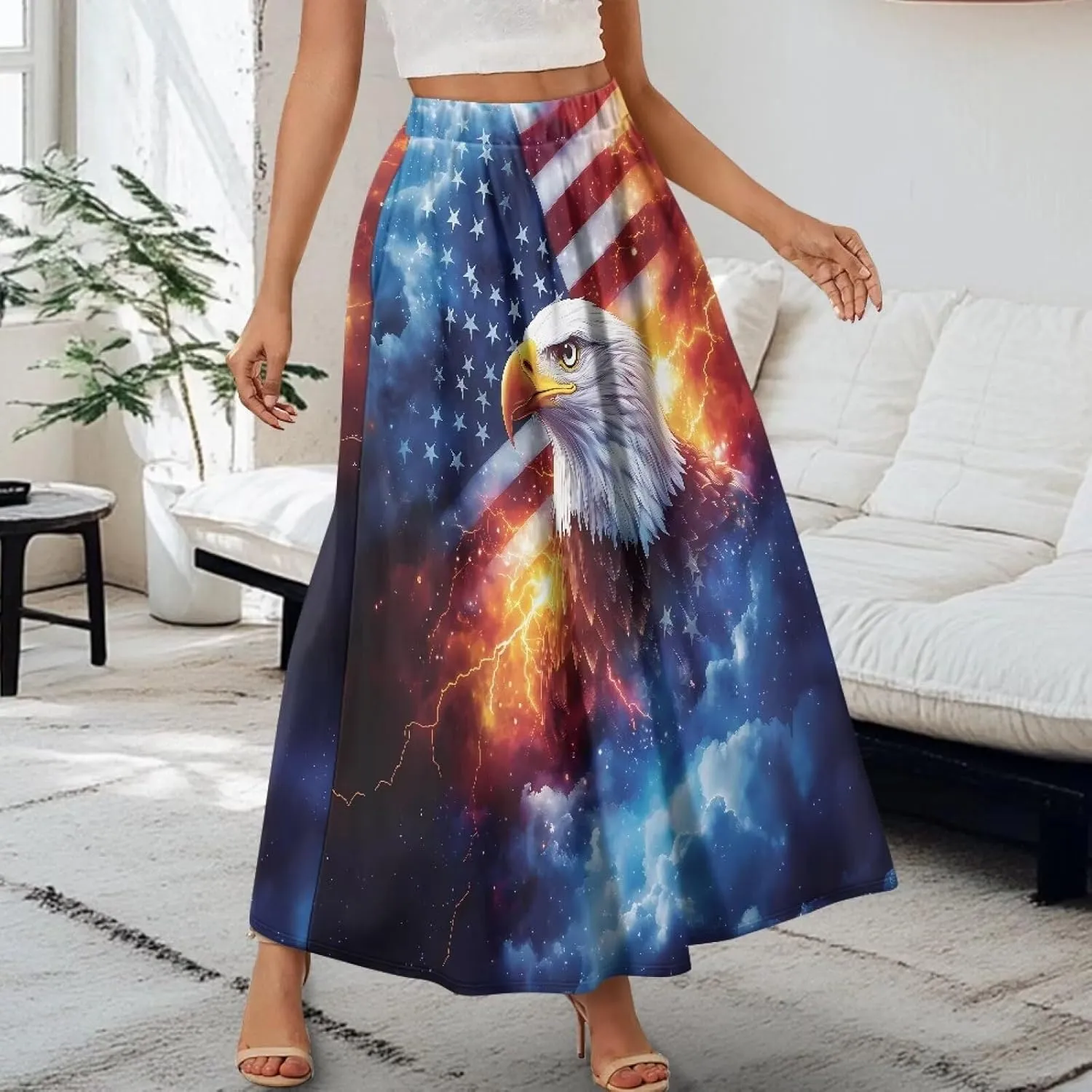 Women's Styleish Flare Long Maxi Skirt Pleated Elastic High Waist A-Line Boho Skirts Flowy Swing Midi Long Skirt with Pockets