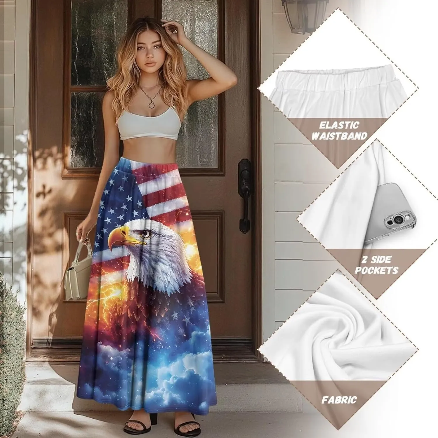 Women's Styleish Flare Long Maxi Skirt Pleated Elastic High Waist A-Line Boho Skirts Flowy Swing Midi Long Skirt with Pockets