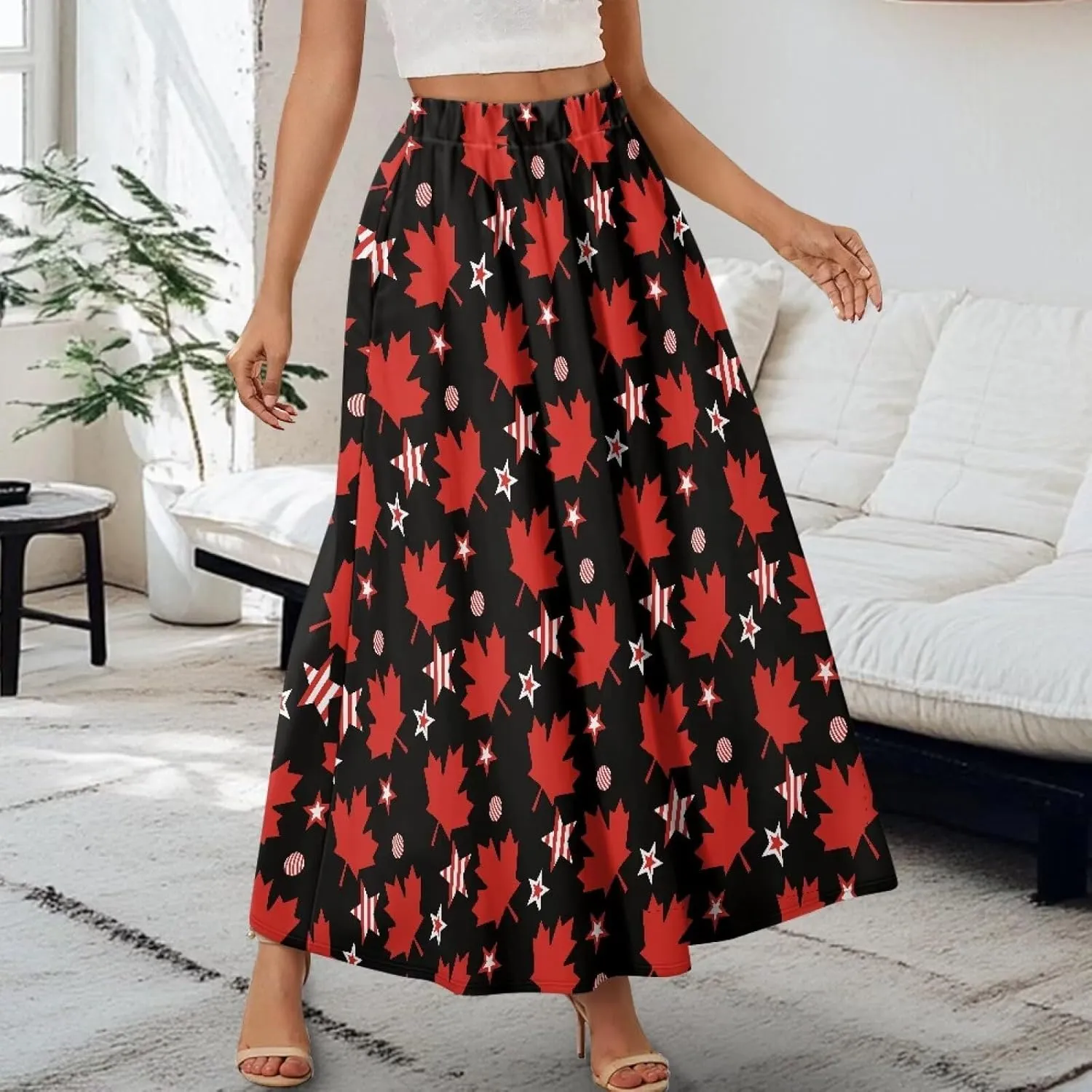 Women's Styleish Flare Long Maxi Skirt Pleated Elastic High Waist A-Line Boho Skirts Flowy Swing Midi Long Skirt with Pockets