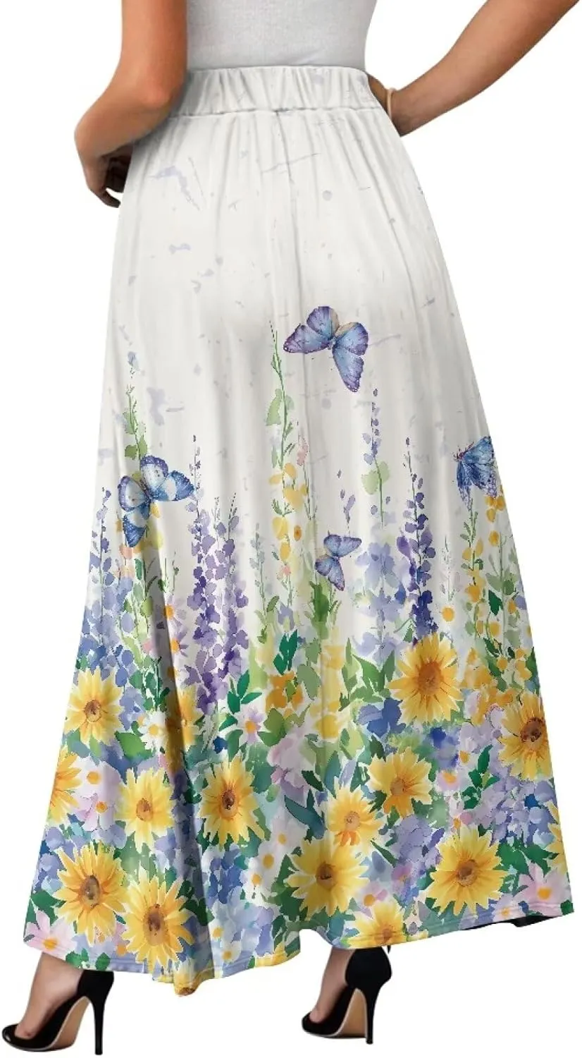 Women's Styleish Flare Long Maxi Skirt Pleated Elastic High Waist A-Line Boho Skirts Flowy Swing Midi Long Skirt with Pockets
