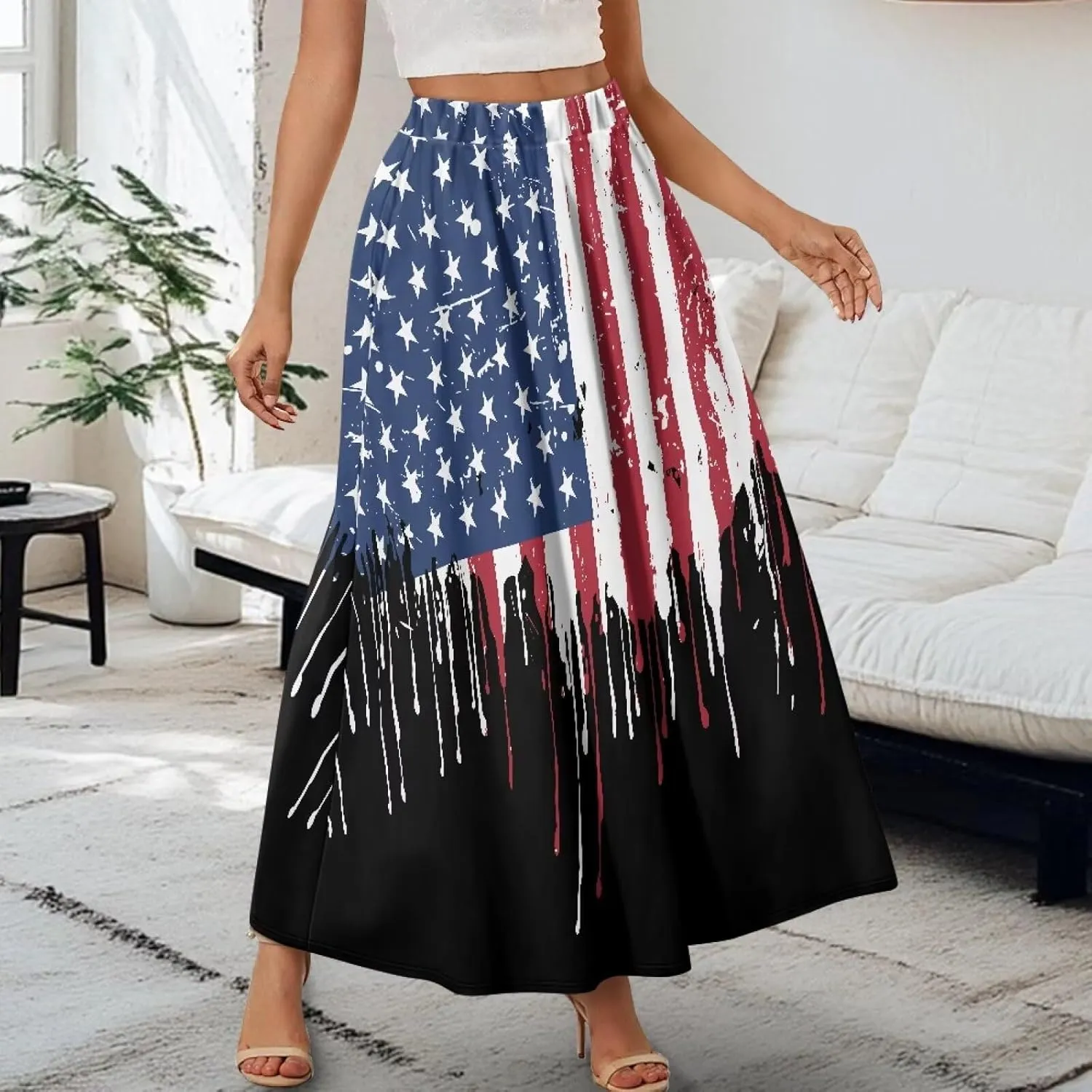 Women's Styleish Flare Long Maxi Skirt Pleated Elastic High Waist A-Line Boho Skirts Flowy Swing Midi Long Skirt with Pockets