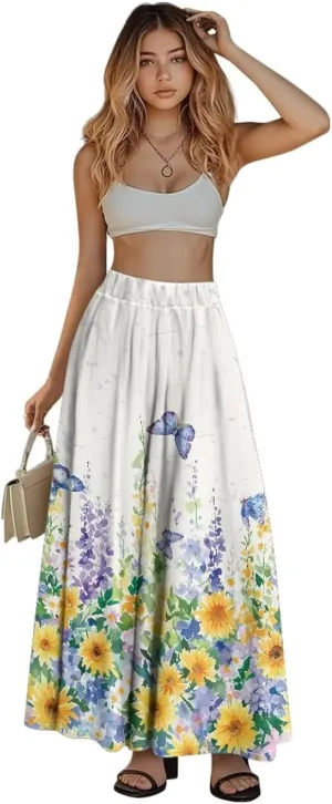 Women's Styleish Flare Long Maxi Skirt Pleated Elastic High Waist A-Line Boho Skirts Flowy Swing Midi Long Skirt with Pockets