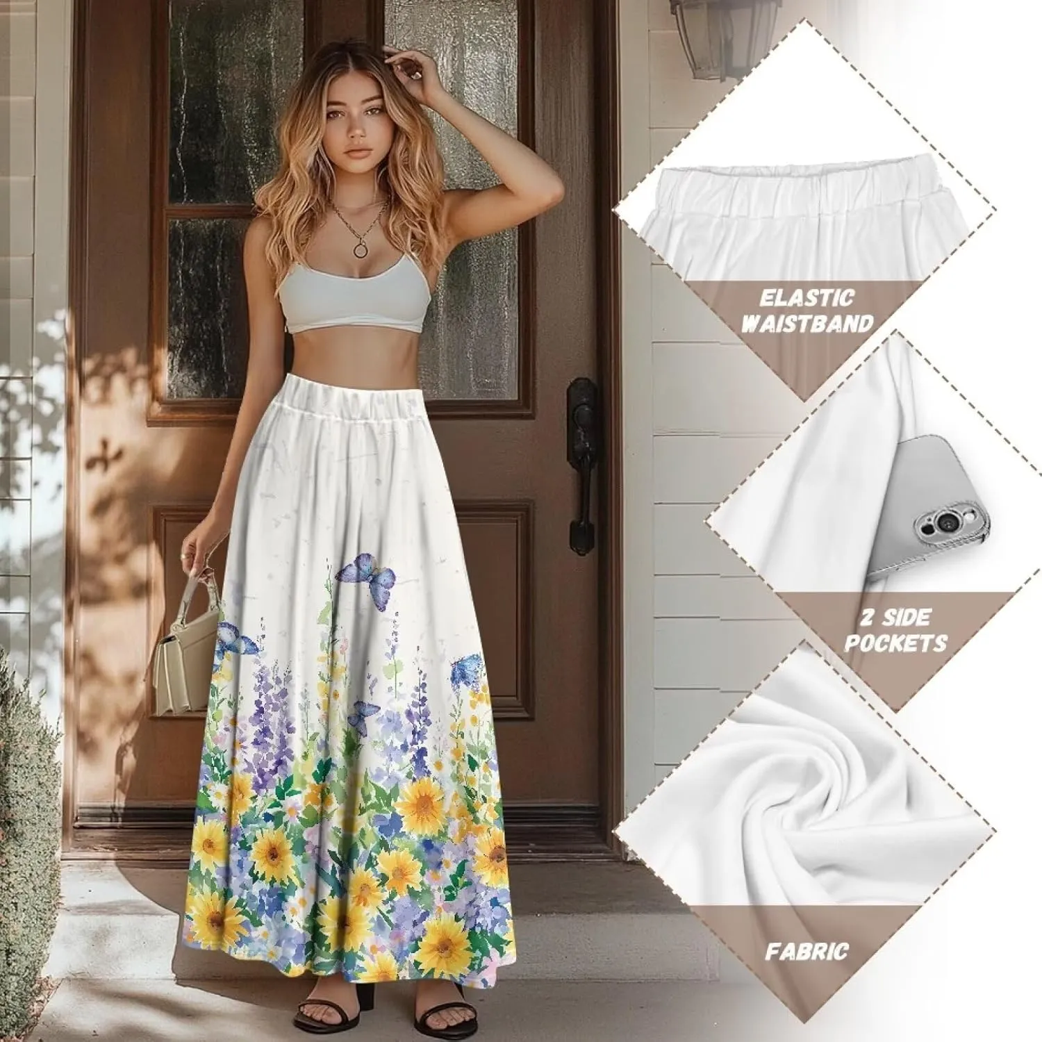 Women's Styleish Flare Long Maxi Skirt Pleated Elastic High Waist A-Line Boho Skirts Flowy Swing Midi Long Skirt with Pockets