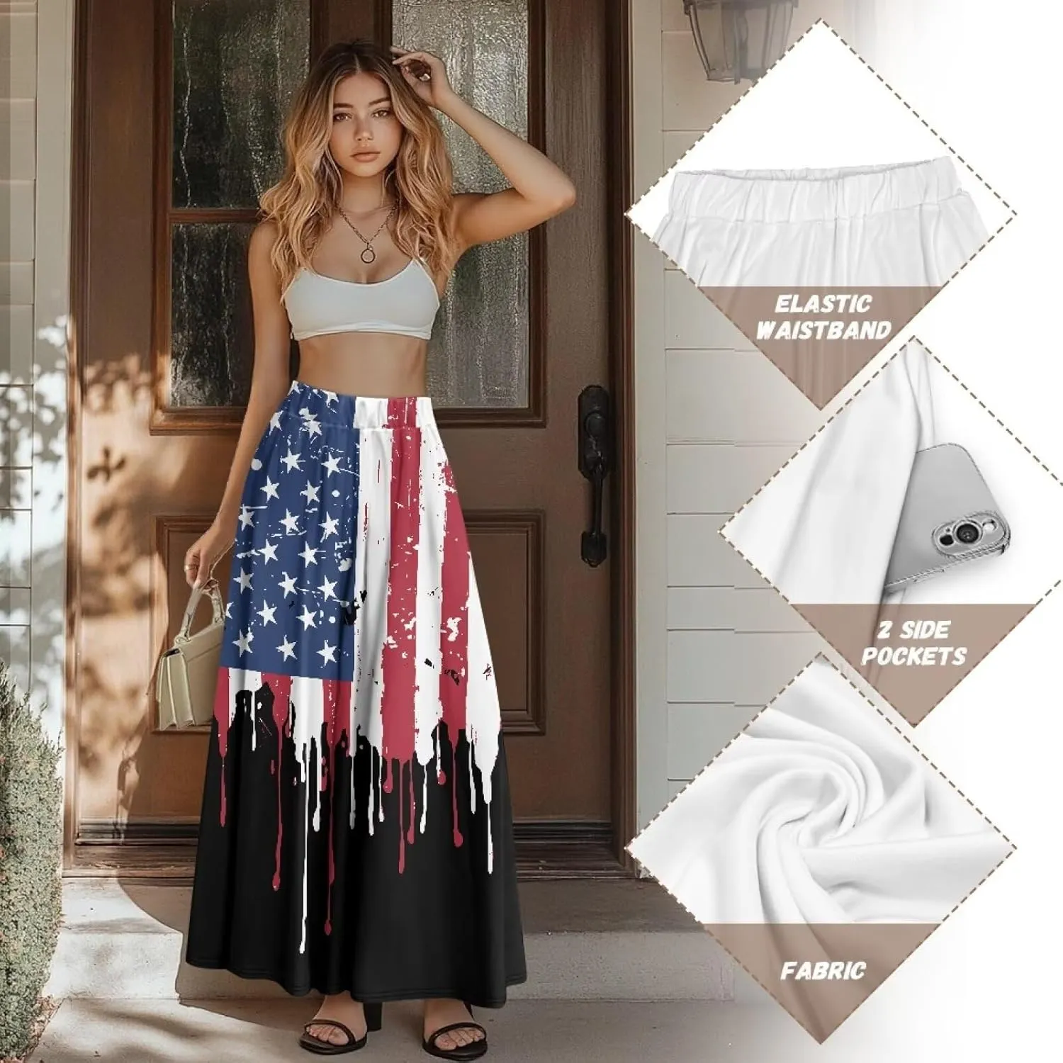 Women's Styleish Flare Long Maxi Skirt Pleated Elastic High Waist A-Line Boho Skirts Flowy Swing Midi Long Skirt with Pockets