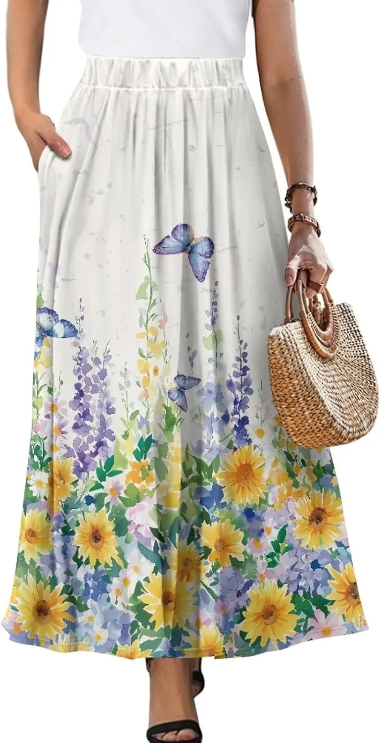 Women's Styleish Flare Long Maxi Skirt Pleated Elastic High Waist A-Line Boho Skirts Flowy Swing Midi Long Skirt with Pockets