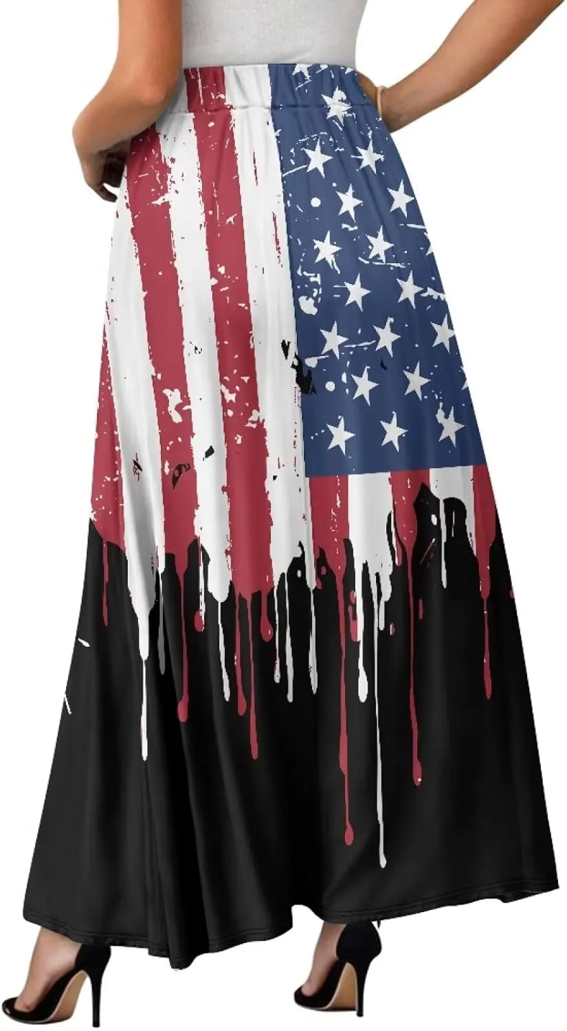 Women's Styleish Flare Long Maxi Skirt Pleated Elastic High Waist A-Line Boho Skirts Flowy Swing Midi Long Skirt with Pockets