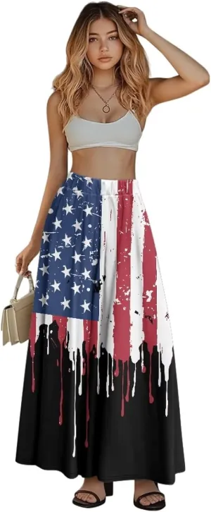 Women's Styleish Flare Long Maxi Skirt Pleated Elastic High Waist A-Line Boho Skirts Flowy Swing Midi Long Skirt with Pockets