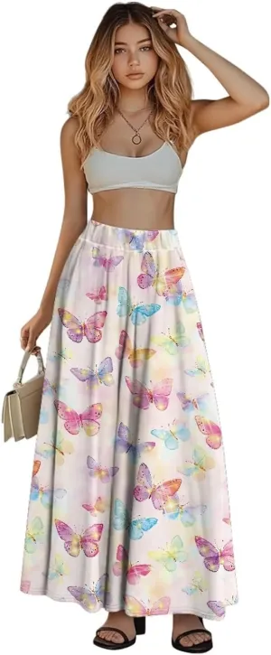 Women's Styleish Flare Long Maxi Skirt Pleated Elastic High Waist A-Line Boho Skirts Flowy Swing Midi Long Skirt with Pockets