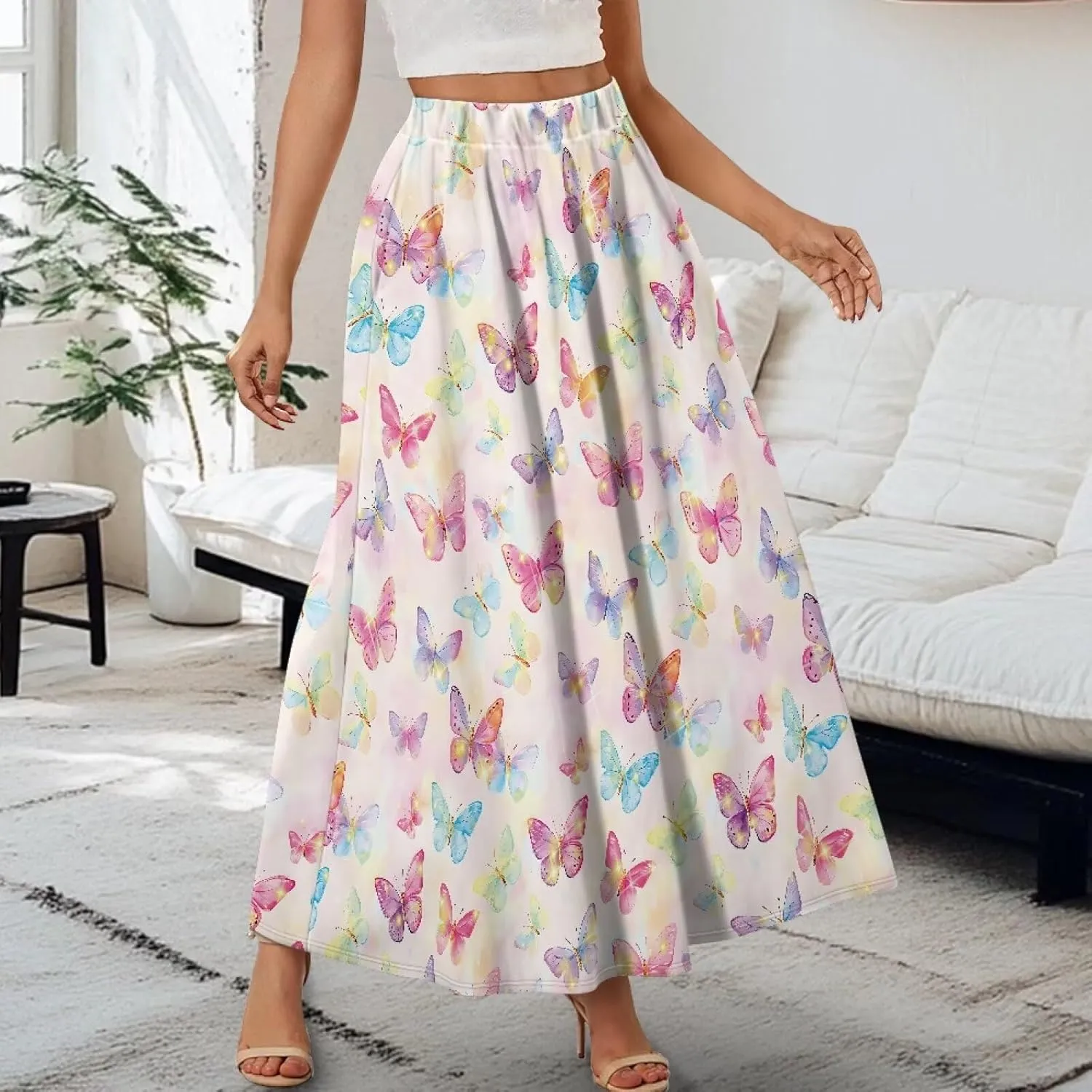 Women's Styleish Flare Long Maxi Skirt Pleated Elastic High Waist A-Line Boho Skirts Flowy Swing Midi Long Skirt with Pockets