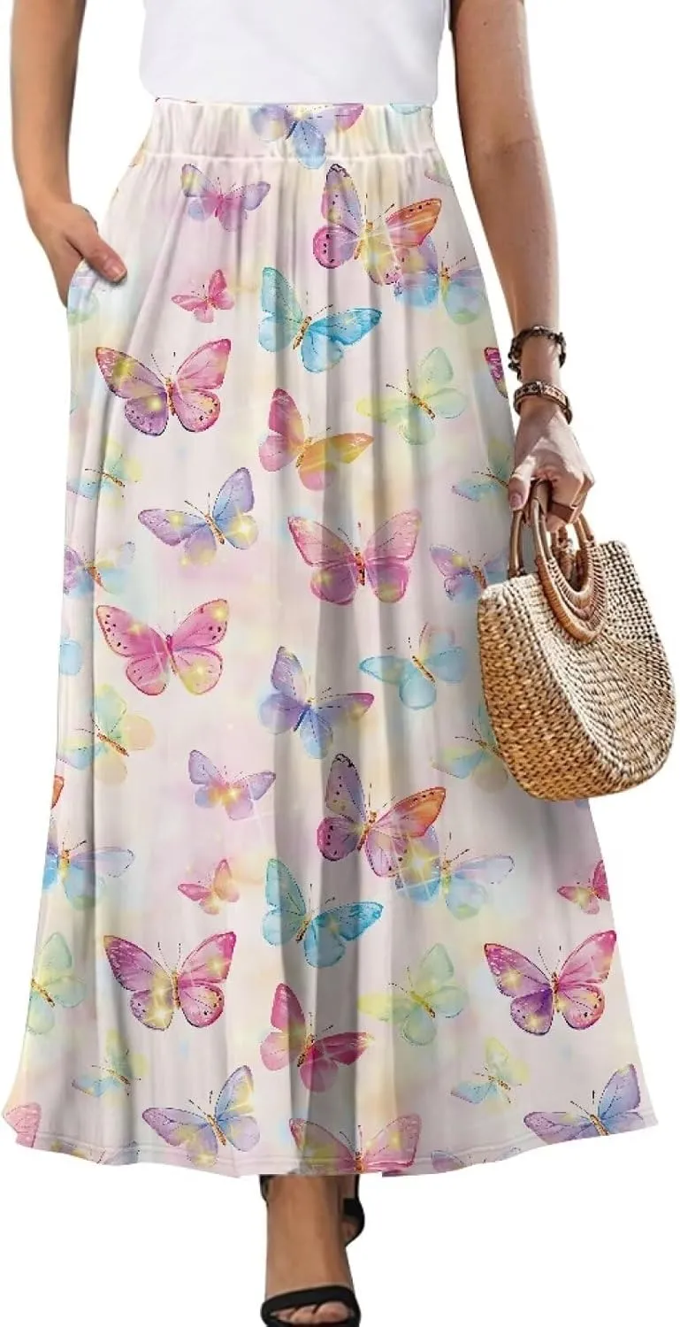 Women's Styleish Flare Long Maxi Skirt Pleated Elastic High Waist A-Line Boho Skirts Flowy Swing Midi Long Skirt with Pockets