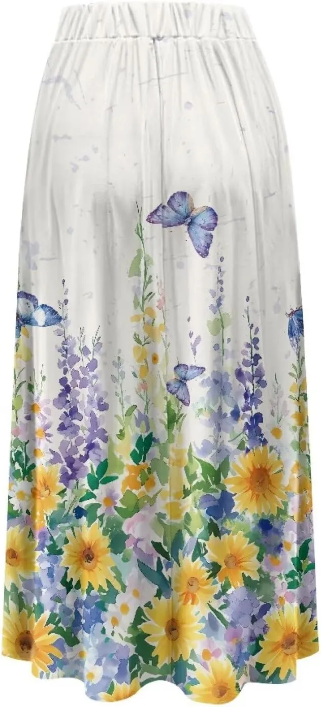 Women's Styleish Flare Long Maxi Skirt Pleated Elastic High Waist A-Line Boho Skirts Flowy Swing Midi Long Skirt with Pockets