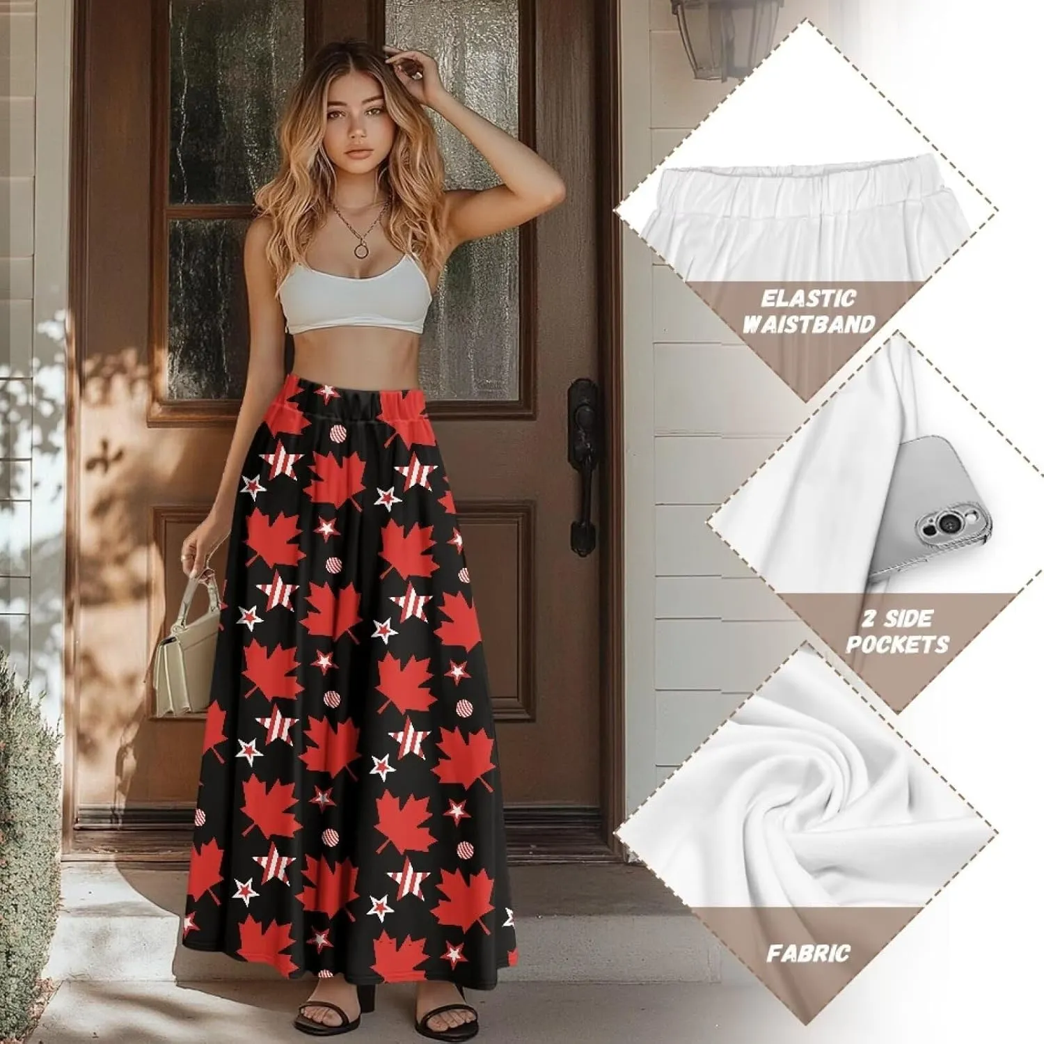 Women's Styleish Flare Long Maxi Skirt Pleated Elastic High Waist A-Line Boho Skirts Flowy Swing Midi Long Skirt with Pockets