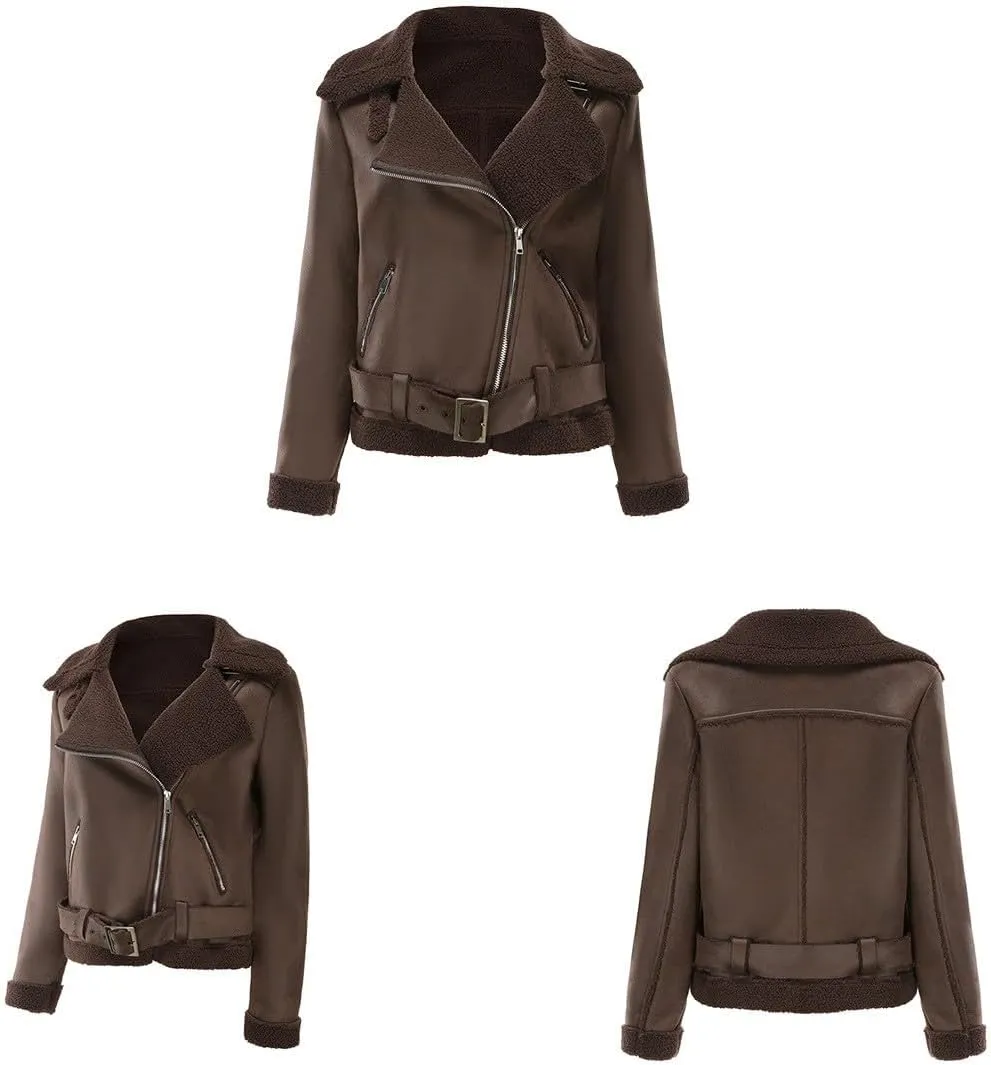 Womens Suede Faux Shearling Moto Bomber Jacket Sherpa Lined Lapel Coat Winter Faux Leather Coat Outerwear Overcoat