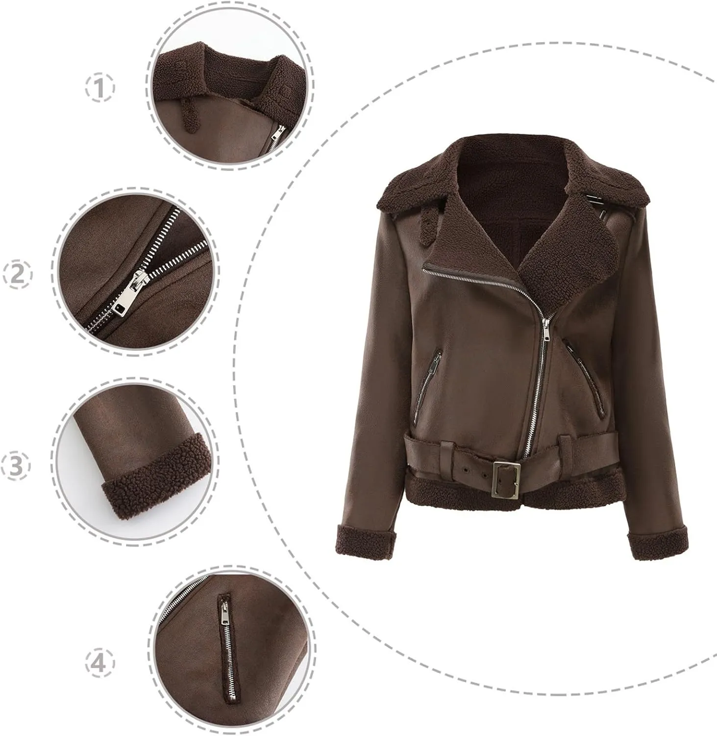 Womens Suede Faux Shearling Moto Bomber Jacket Sherpa Lined Lapel Coat Winter Faux Leather Coat Outerwear Overcoat