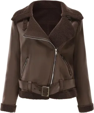 Womens Suede Faux Shearling Moto Bomber Jacket Sherpa Lined Lapel Coat Winter Faux Leather Coat Outerwear Overcoat