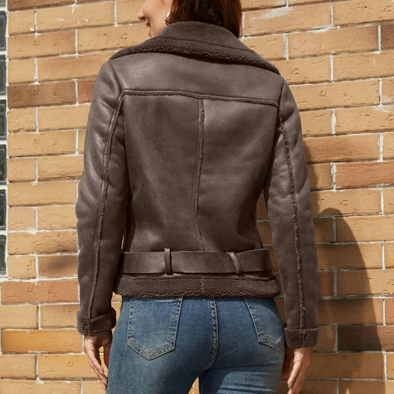 Womens Suede Faux Shearling Moto Bomber Jacket Sherpa Lined Lapel Coat Winter Faux Leather Coat Outerwear Overcoat