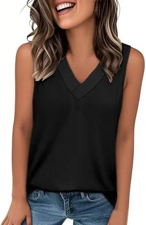 Womens Summer Tank Top Solid Color 2025 Vacation Sleeveless V Neck Loose Tee Beach Clothes Fashion Outfits