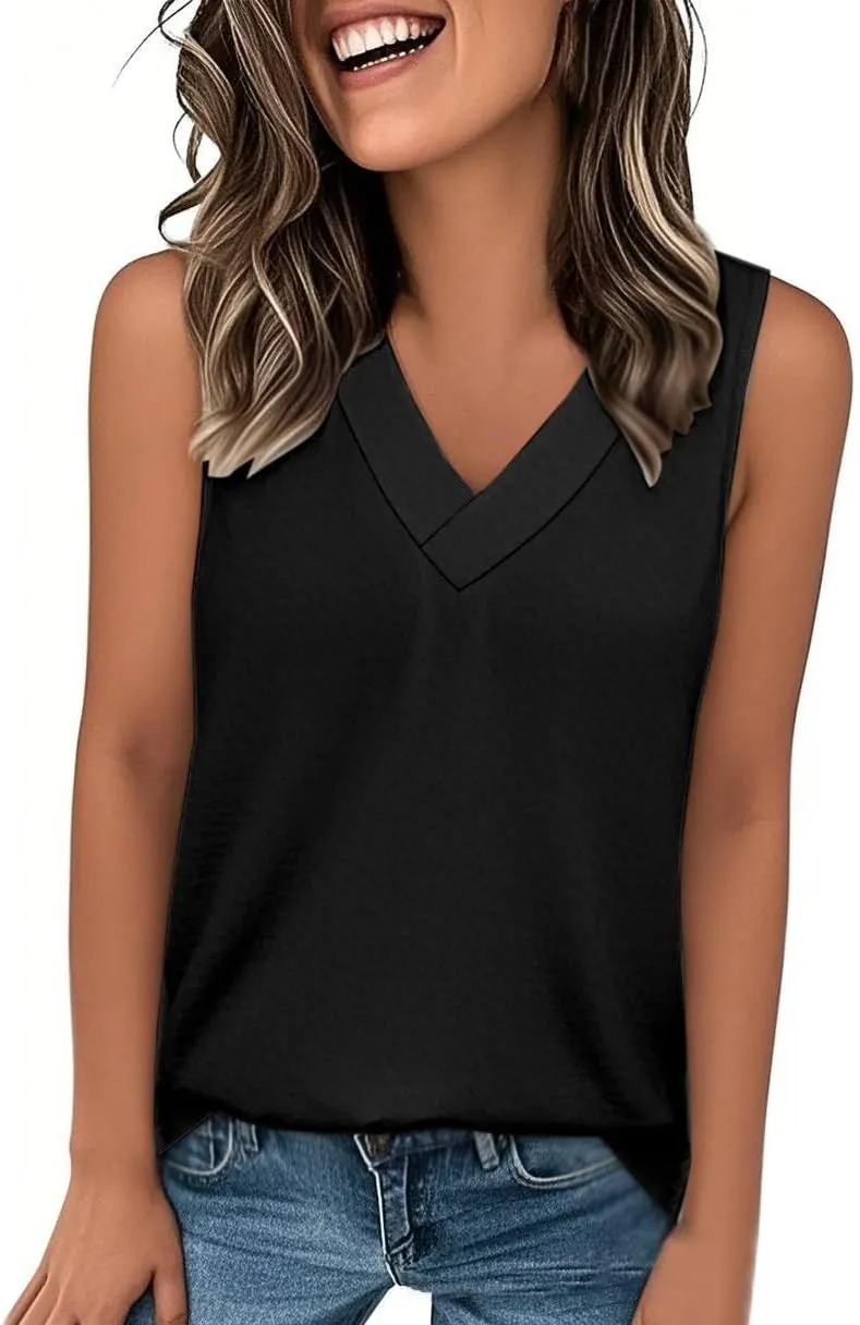 Womens Summer Tank Top Solid Color 2025 Vacation Sleeveless V Neck Loose Tee Beach Clothes Fashion Outfits
