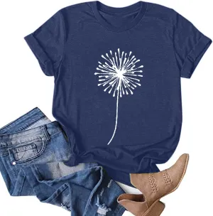 Womens T Shirts Cute Dandelion Graphic Tees Crewneck Short Sleeve Summer Tops Casual Loose Cotton Tshirts