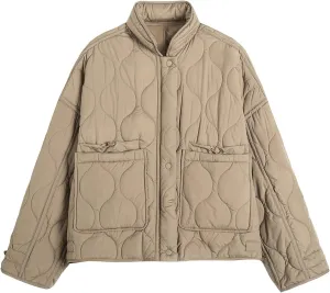 Womens Thickened Puffer Down Jacket Stand Collar Diamond Quilted Padded Coat Lightweight Warm Jackets with Pockets