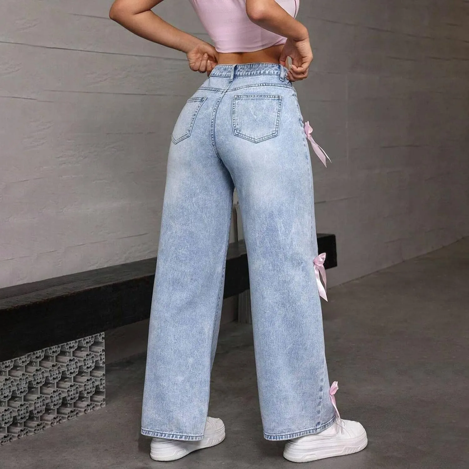 Women's Wide Leg Baggy Jeans Y2K 90s Casual High Waisted Boyfriends Straight Stretch Denim Pants with Pockets