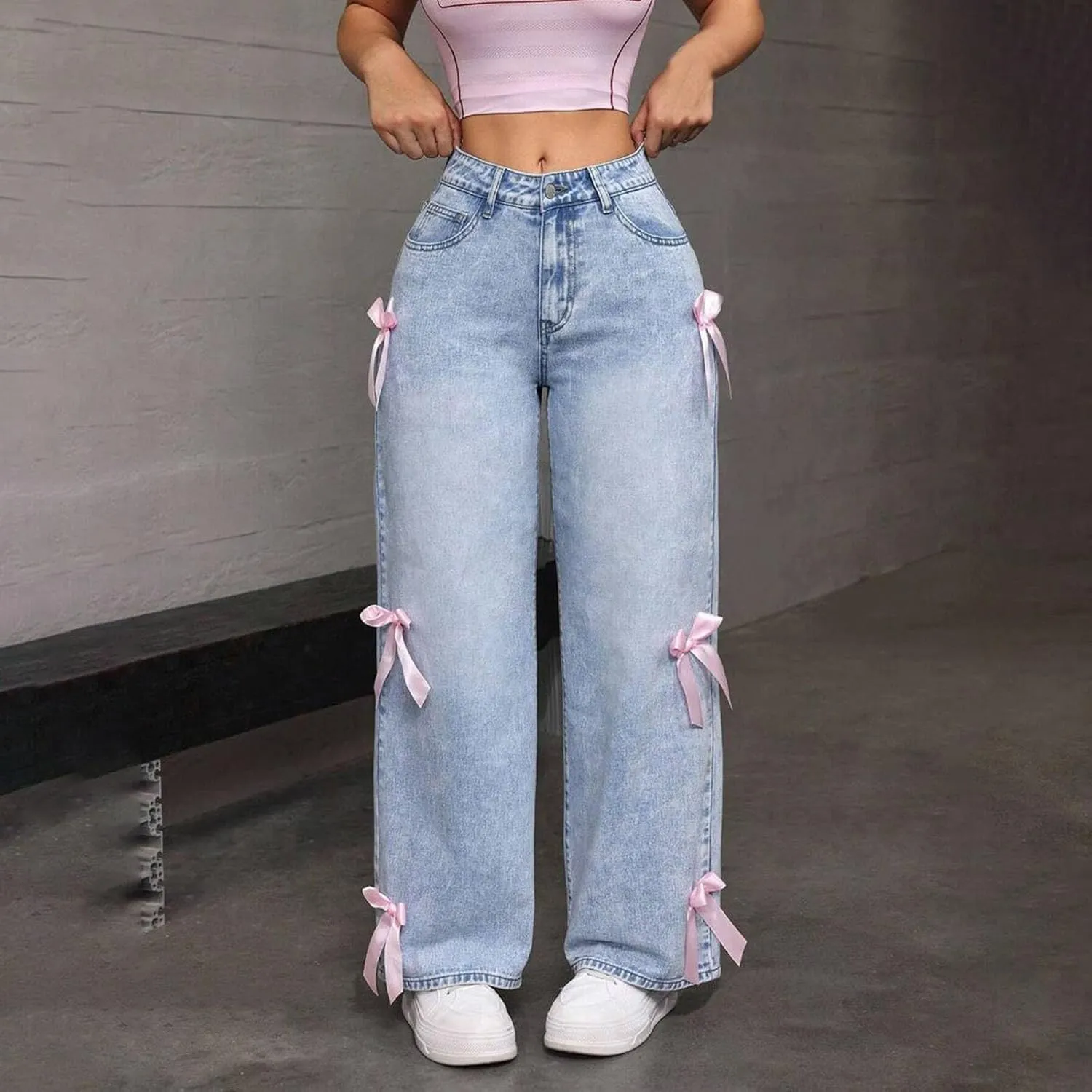 Women's Wide Leg Baggy Jeans Y2K 90s Casual High Waisted Boyfriends Straight Stretch Denim Pants with Pockets