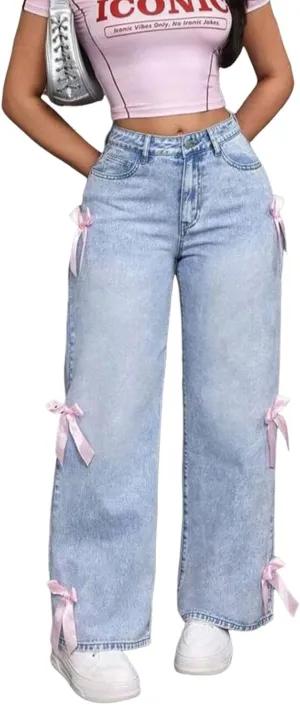 Women's Wide Leg Baggy Jeans Y2K 90s Casual High Waisted Boyfriends Straight Stretch Denim Pants with Pockets