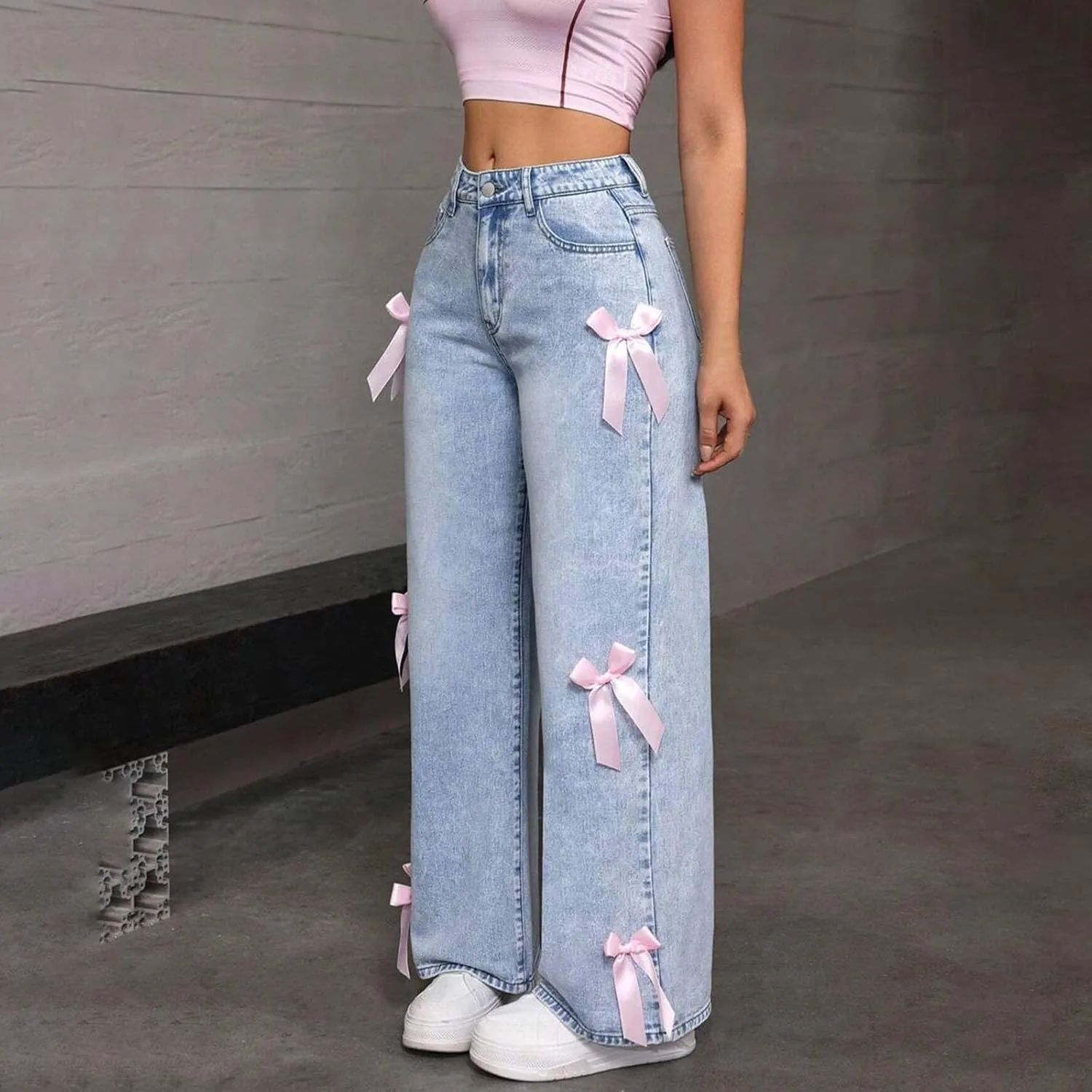 Women's Wide Leg Baggy Jeans Y2K 90s Casual High Waisted Boyfriends Straight Stretch Denim Pants with Pockets