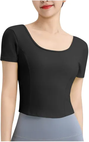 Women's Workout Crop Tops Sun Shirts Short Sleeve Athletic Sun Protection Quick Dry Lightweight Slim Fit Yoga Tshirt