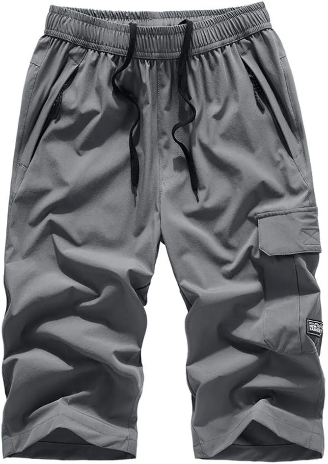 WOSJKDJ Mens Capris Pants 3/4 Quick Dry Long Shorts X-8xl Below Knee Zipper Pocket Athletic Beach Jogger Sport Running Short Grey