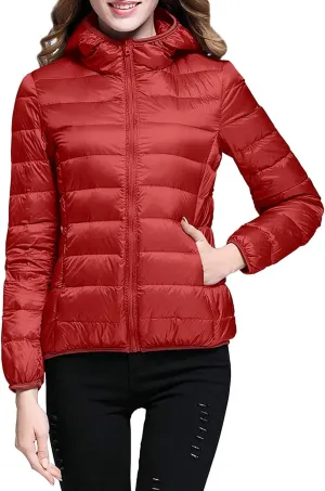 XUETON Womens Zip Up Lightweight Packable Down Puffer Jacket Autumn Winter Warm Hooded Windproof Water-Resistant Short Down Jacket Outerwear(Red,Medium)