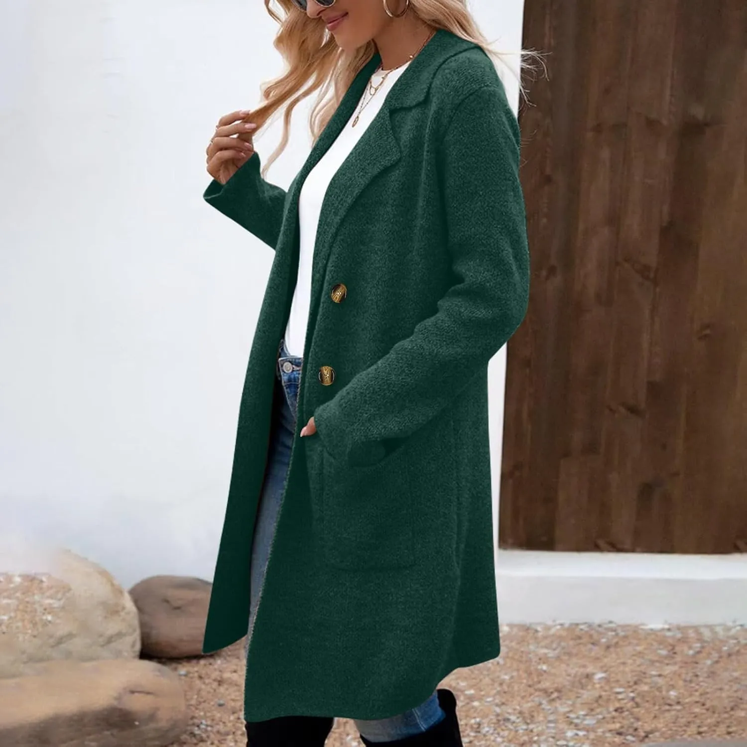 XUNRYAN Trench Coat for Women Winter Fall Fashion Long Jackets Notch Lapel Faux-Wool-Blend Double Breasted Peacoat Outerwear