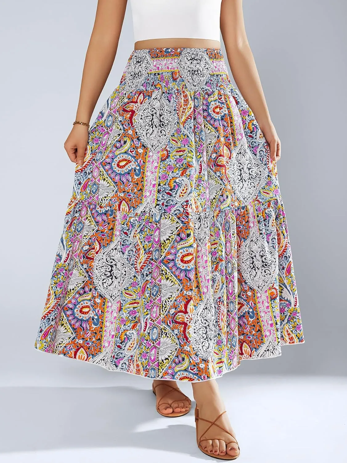 YHYJMY Women's Boho Skirt Elastic High Waist Pleated A-Line Flared Maxi Skirts Womens Flowy Long Skirts