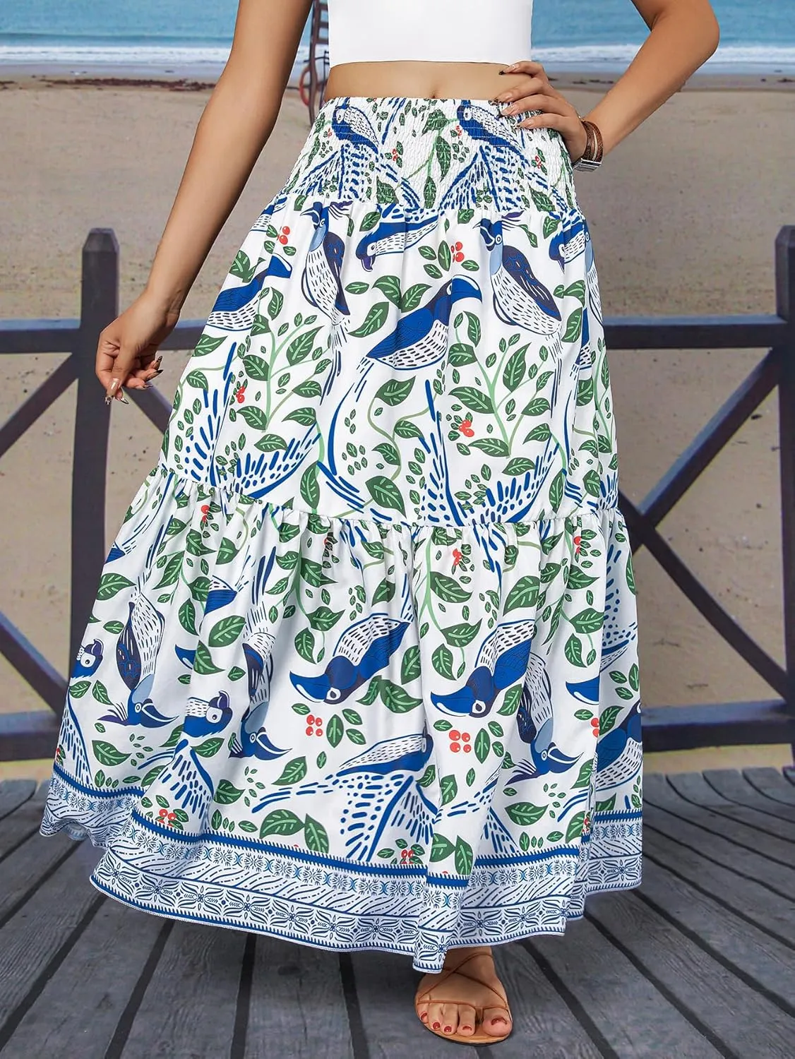 YHYJMY Women's Boho Skirt Elastic High Waist Pleated A-Line Flared Maxi Skirts Womens Flowy Long Skirts