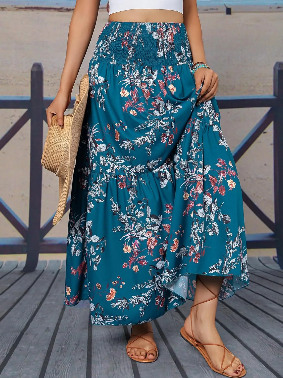 YHYJMY Women's Boho Skirt Elastic High Waist Pleated A-Line Flared Maxi Skirts Womens Flowy Long Skirts