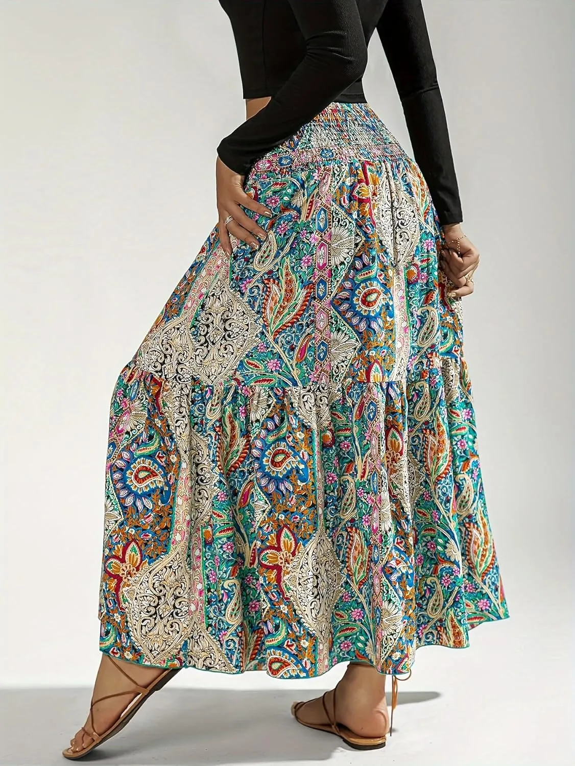 YHYJMY Women's Boho Skirt Elastic High Waist Pleated A-Line Flared Maxi Skirts Womens Flowy Long Skirts